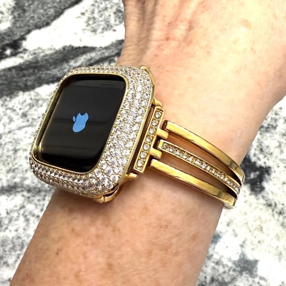 2 pc Apple Watch set white gold lab diamond case and crystal band classy bling